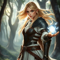 A young blonde female warrior, adorned in intricately designed leather armor, with a flowing white tunic visible underneath