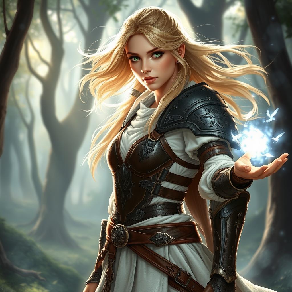 A young blonde female warrior, adorned in intricately designed leather armor, with a flowing white tunic visible underneath