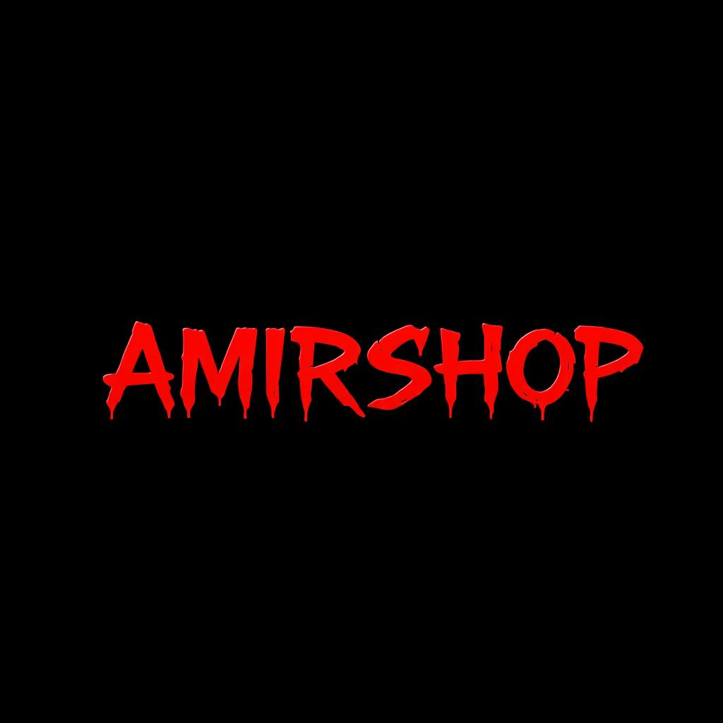 A striking graphic design featuring the name 'AMIRSHOP' displayed in a vivid bloody red color, contrasted against a deep black background
