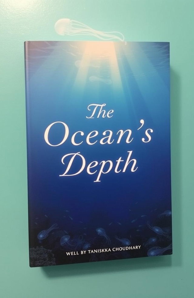 A book cover for 'The Ocean's Depth' by Tanishka Choudhary, featuring a serene blue ocean with varying shades of depth, showcasing captivating underwater scenery