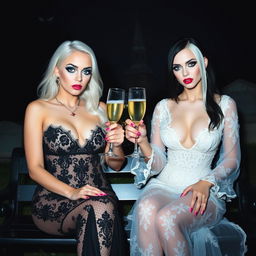 A very beautiful, attractive, stunning, curvy shapely, white-haired 18-year-old girl dressed in a tight low-cut black lace gown, with frosted blue eye shadow, thick black eyeliner, mascara, long black eyelashes, and bright pink lipstick, wearing a serious expression