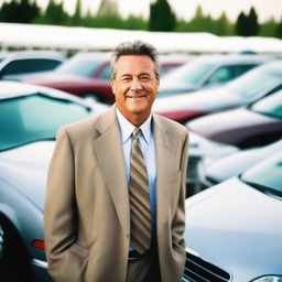 A charismatic used car salesman standing in a used car lot, surrounded by various models of pre-owned cars, while exuding an air of friendliness and trust.