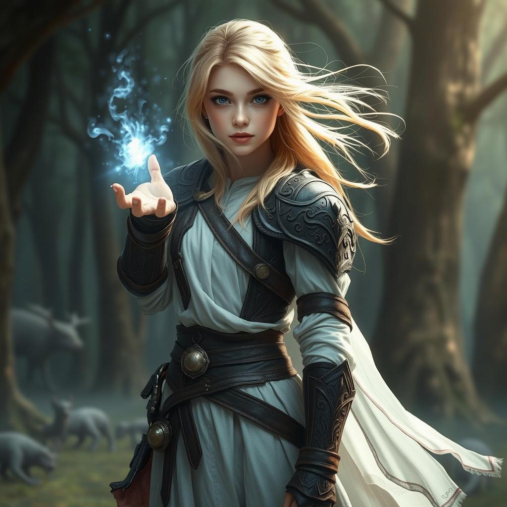 A young blonde female warrior, adorned in intricately designed leather armor, with a flowing white tunic visible underneath