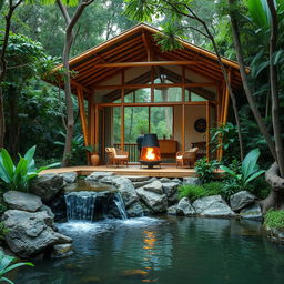 A beautiful cabin nestled in a lush jungle setting, constructed from bamboo and glass, showcasing various architectural design principles