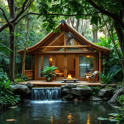 A beautiful cabin nestled in a lush jungle setting, constructed from bamboo and glass, showcasing various architectural design principles