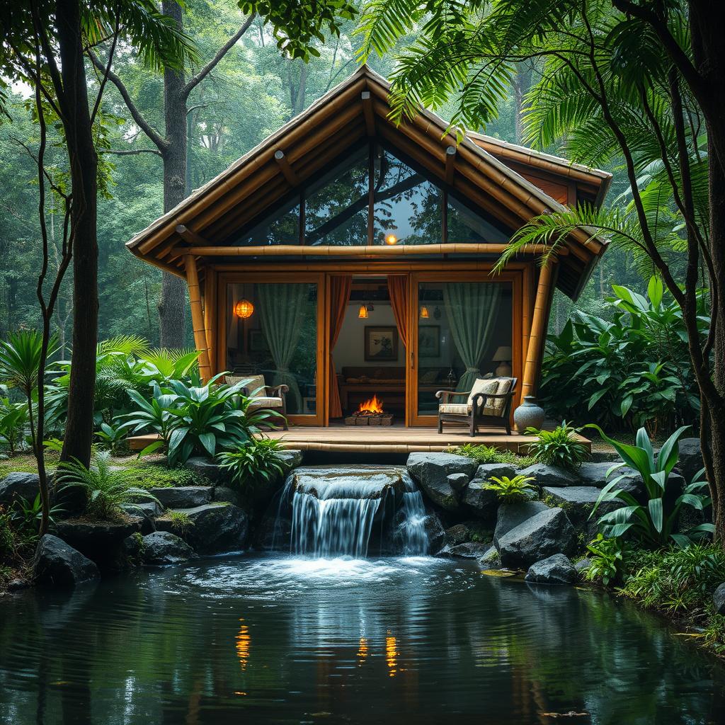 A beautiful cabin nestled in a lush jungle setting, constructed from bamboo and glass, showcasing various architectural design principles