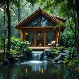A beautiful cabin nestled in a lush jungle setting, constructed from bamboo and glass, showcasing various architectural design principles