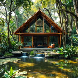 A beautiful cabin nestled in a lush jungle setting, constructed from bamboo and glass, showcasing various architectural design principles
