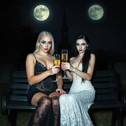A very beautiful, attractive, stunning, curvy shapely, white-haired 18-year-old girl dressed in a very tight low-cut black lace gown, adorned with frosted blue eye shadow, thick black eyeliner, mascara, long black eyelashes, and bright pink lipstick, displaying a serious expression on her face