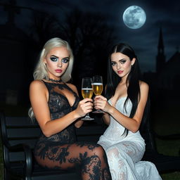 A very beautiful, attractive, stunning, curvy shapely, white-haired 18-year-old girl dressed in a very tight low-cut black lace gown, adorned with frosted blue eye shadow, thick black eyeliner, mascara, long black eyelashes, and bright pink lipstick, displaying a serious expression on her face