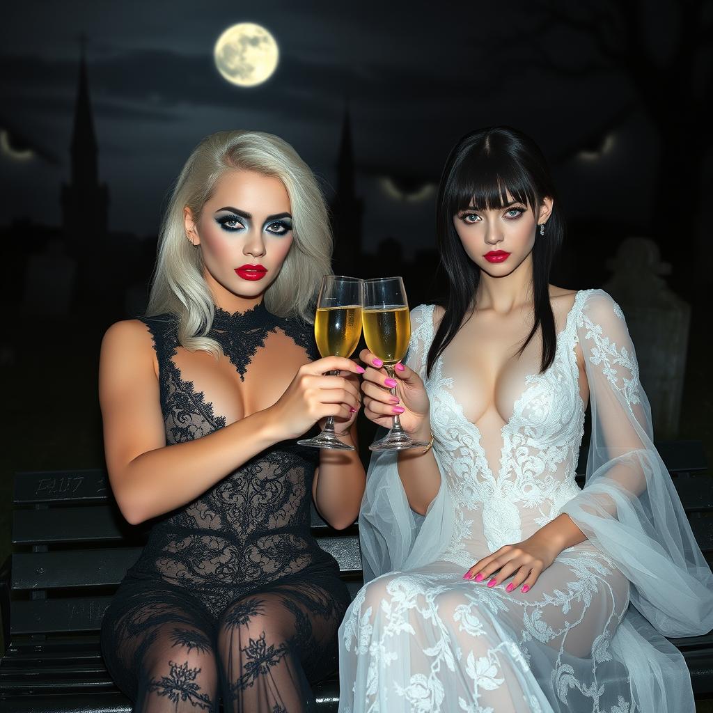 A very beautiful, attractive, stunning, curvy shapely, white-haired 18-year-old girl dressed in a very tight low-cut black lace gown, adorned with frosted blue eye shadow, thick black eyeliner, mascara, long black eyelashes, and bright pink lipstick, displaying a serious expression on her face