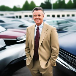 A charismatic used car salesman standing in a used car lot, surrounded by various models of pre-owned cars, while exuding an air of friendliness and trust.