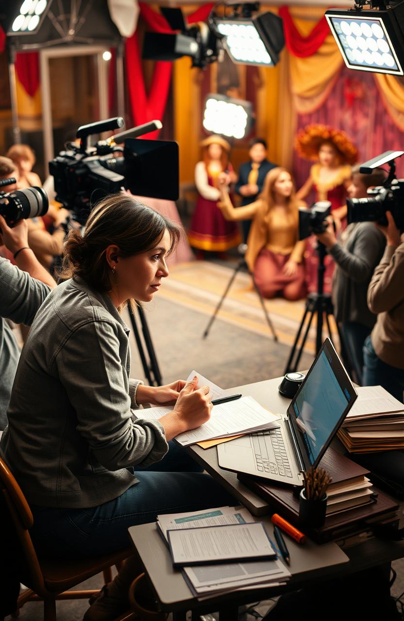 A scriptwriter deeply focused at a bustling filming set, surrounded by cameras, crew members, and bright lights