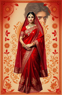 A beautiful Indian bride named Aaradhya, wearing a stunning red sari adorned with intricate golden embroidery, stands gracefully surrounded by traditional Indian motifs and patterns