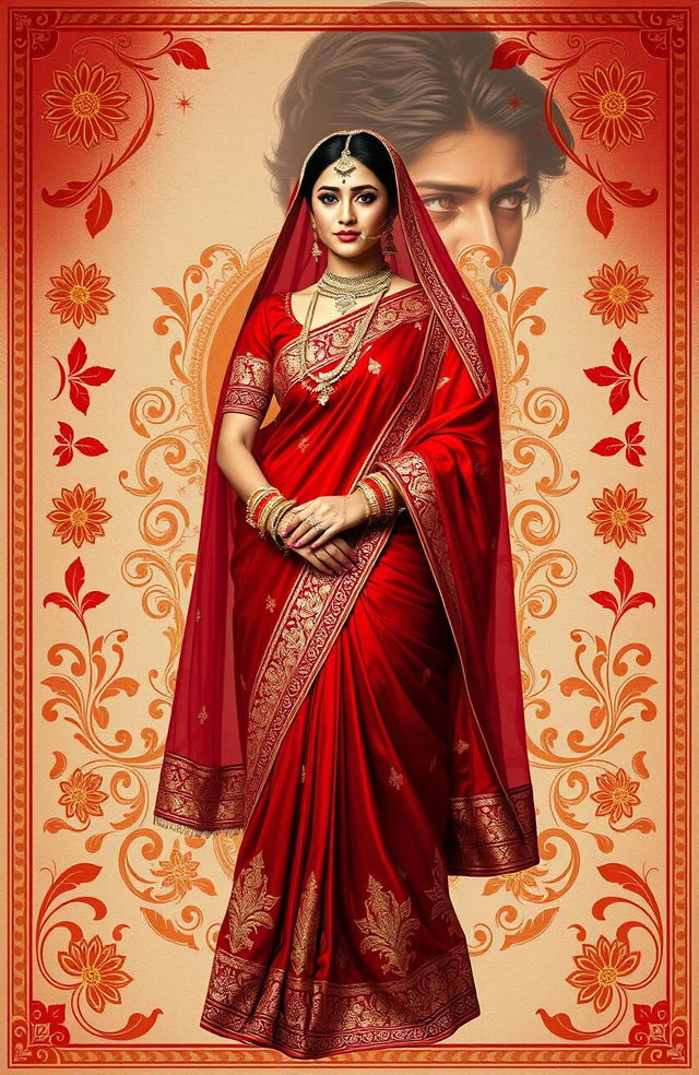 A beautiful Indian bride named Aaradhya, wearing a stunning red sari adorned with intricate golden embroidery, stands gracefully surrounded by traditional Indian motifs and patterns