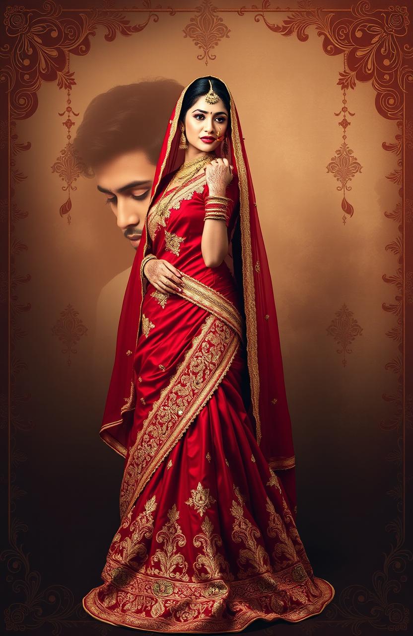 A beautiful Indian bride named Aaradhya, wearing a stunning red sari adorned with intricate golden embroidery, stands gracefully surrounded by traditional Indian motifs and patterns