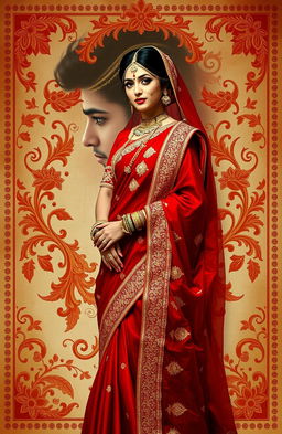 A beautiful Indian bride named Aaradhya, wearing a stunning red sari adorned with intricate golden embroidery, stands gracefully surrounded by traditional Indian motifs and patterns