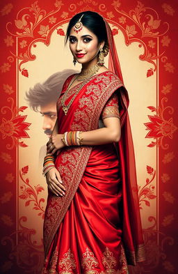 A beautiful Indian bride named Aaradhya, wearing a stunning red sari adorned with intricate golden embroidery, stands gracefully surrounded by traditional Indian motifs and patterns
