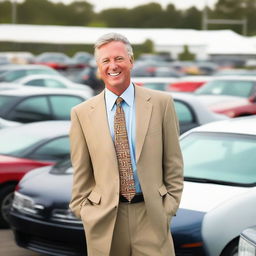 A charismatic used car salesman standing in a used car lot, surrounded by various models of pre-owned cars, while exuding an air of friendliness and trust.