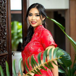 A beautiful Indonesian woman, 40 years old, radiating elegance and youthfulness, wearing a vibrant red kebaya with intricate details and traditional jewelry