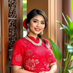 A beautiful Indonesian woman, 40 years old, radiating elegance and youthfulness, wearing a vibrant red kebaya with intricate details and traditional jewelry