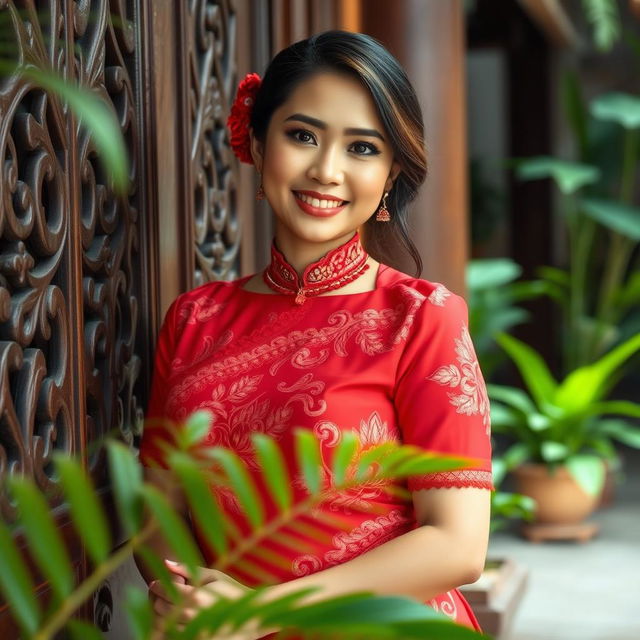 A beautiful Indonesian woman, 40 years old, radiating elegance and youthfulness, wearing a vibrant red kebaya with intricate details and traditional jewelry