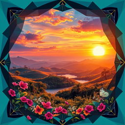 A stunning, intricately designed photo featuring a vibrant color palette, showcasing a harmonious blend of geometric patterns and lush natural elements