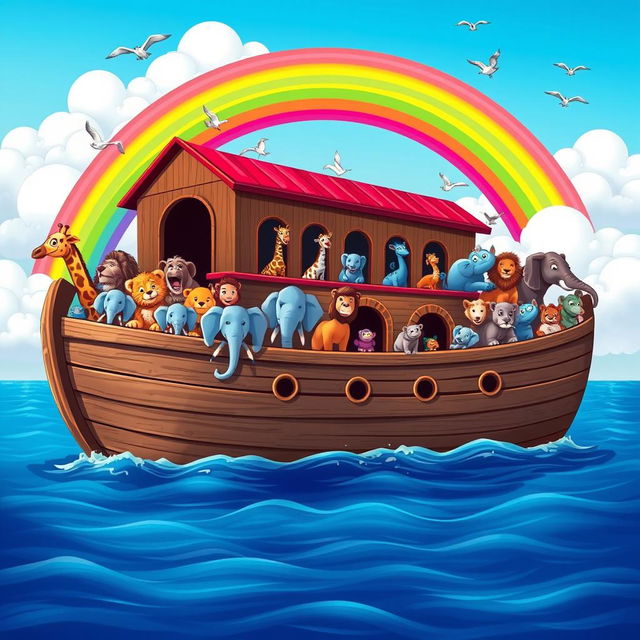 A colorful and vibrant depiction of Noah's Ark sailing on a calm sea, under a bright blue sky with fluffy white clouds