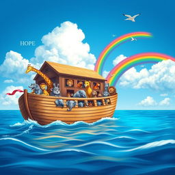 A colorful and vibrant depiction of Noah's Ark sailing on a calm sea, under a bright blue sky with fluffy white clouds