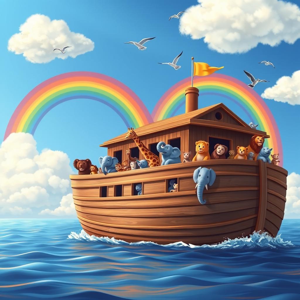 A colorful and vibrant depiction of Noah's Ark sailing on a calm sea, under a bright blue sky with fluffy white clouds