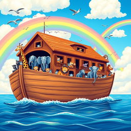 A colorful and vibrant depiction of Noah's Ark sailing on a calm sea, under a bright blue sky with fluffy white clouds