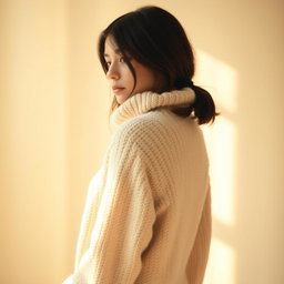 A girl in a cozy sweater, her silhouette framed against a soft, dreamy background