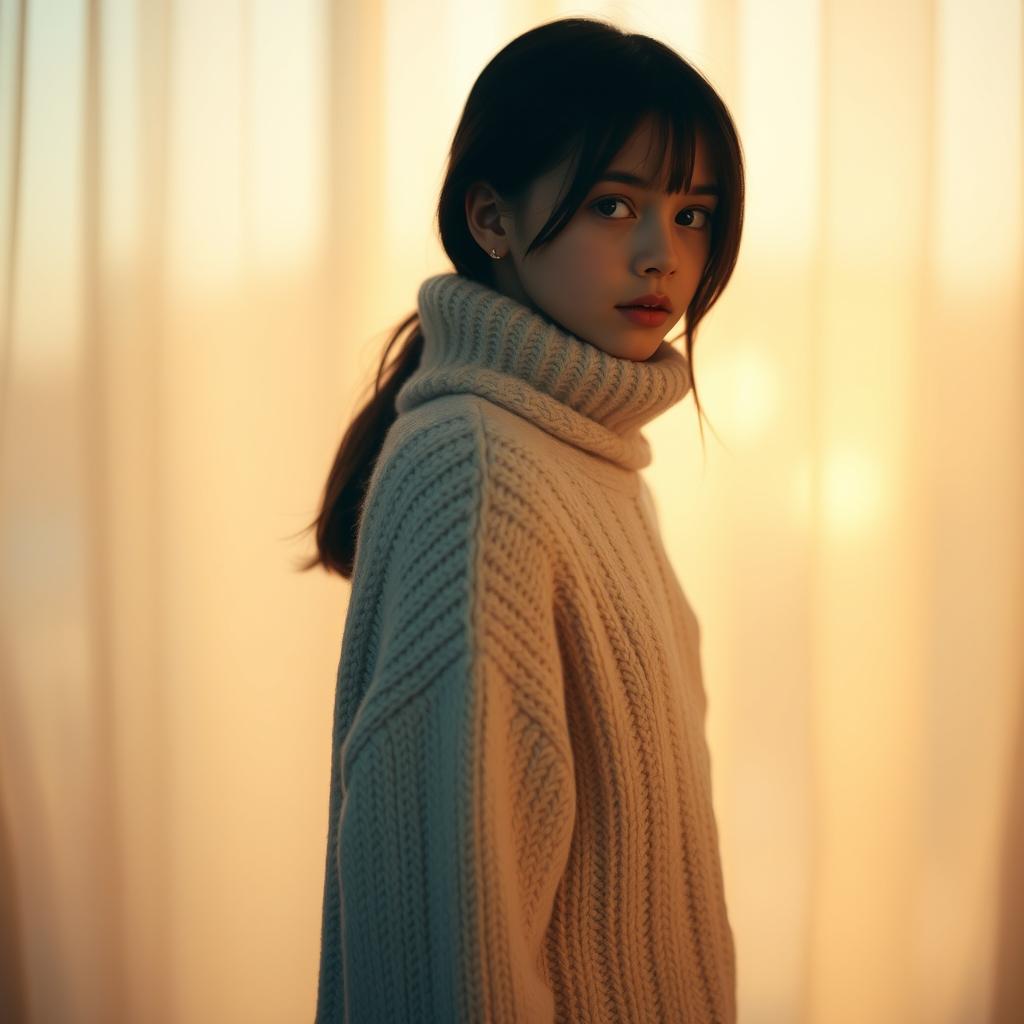A girl in a cozy sweater, her silhouette framed against a soft, dreamy background