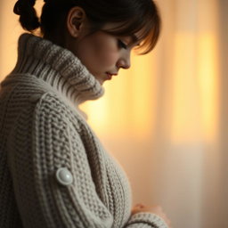 A girl in a cozy sweater, her silhouette framed against a soft, dreamy background