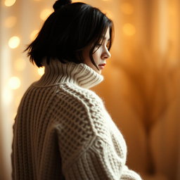 A girl in a cozy sweater, her silhouette framed against a soft, dreamy background