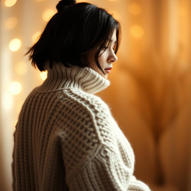 A girl in a cozy sweater, her silhouette framed against a soft, dreamy background