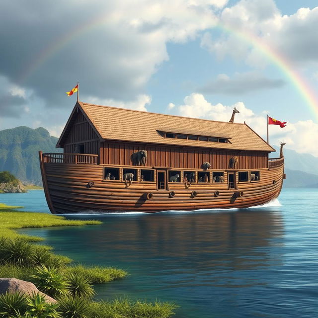 A realistic depiction of Noah's Ark, showcasing the large wooden structure with a traditional design, surrounded by a scenic landscape