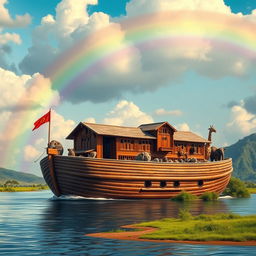 A realistic depiction of Noah's Ark, showcasing the large wooden structure with a traditional design, surrounded by a scenic landscape