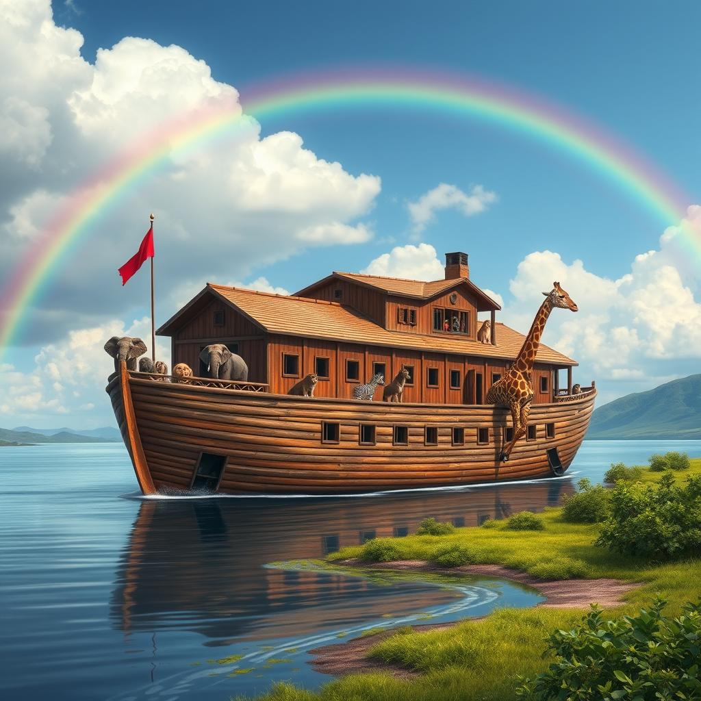 A realistic depiction of Noah's Ark, showcasing the large wooden structure with a traditional design, surrounded by a scenic landscape