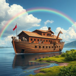 A realistic depiction of Noah's Ark, showcasing the large wooden structure with a traditional design, surrounded by a scenic landscape