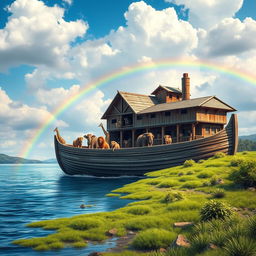 A realistic depiction of Noah's Ark, showcasing the large wooden structure with a traditional design, surrounded by a scenic landscape