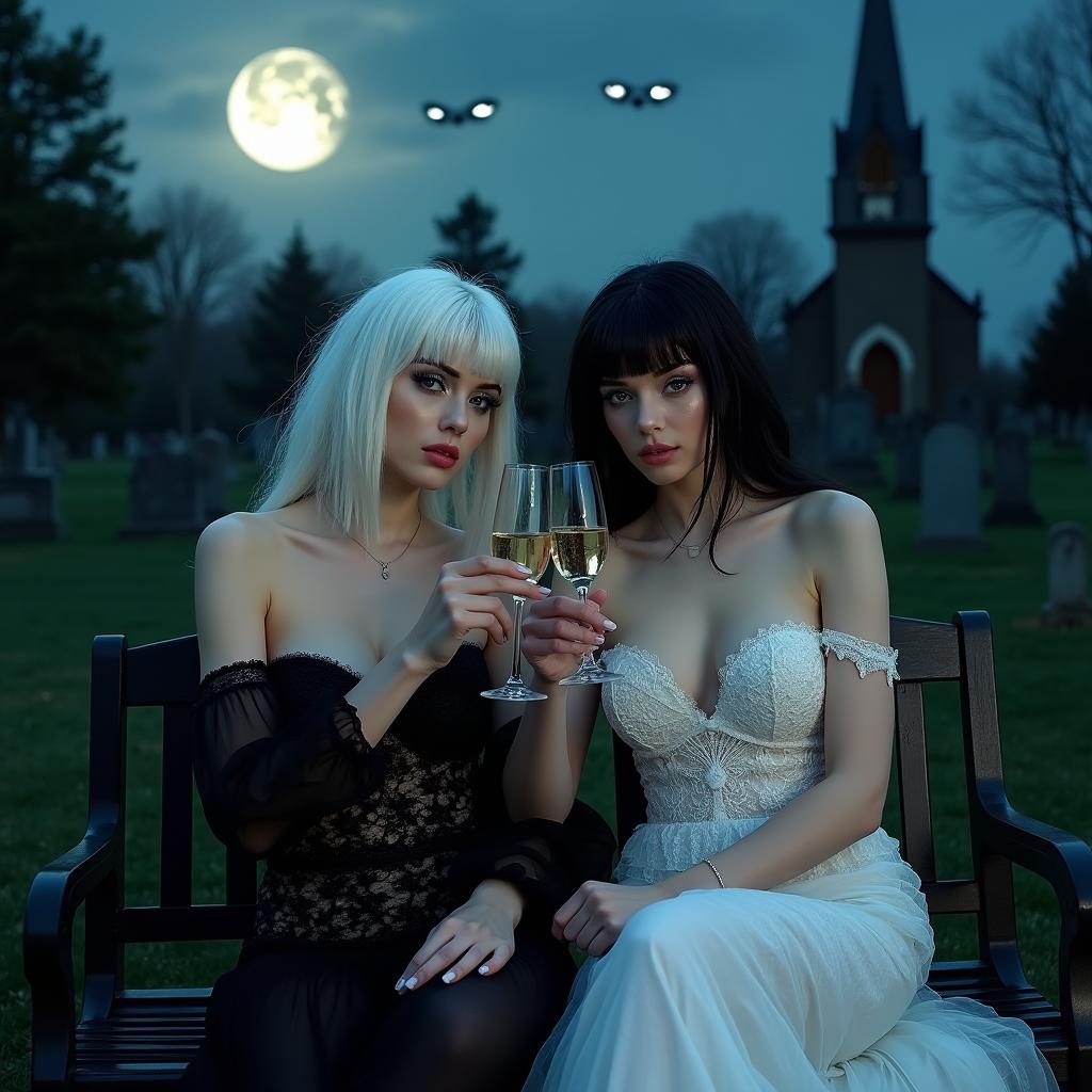 A very beautiful, attractive, stunning, curvy shapely, white-haired 18-year-old girl dressed in a tight low-cut black lace gown, complete with frosted blue eye shadow, thick black eyeliner, mascara, long black eyelashes, and bright pink lipstick, embodying a serious look