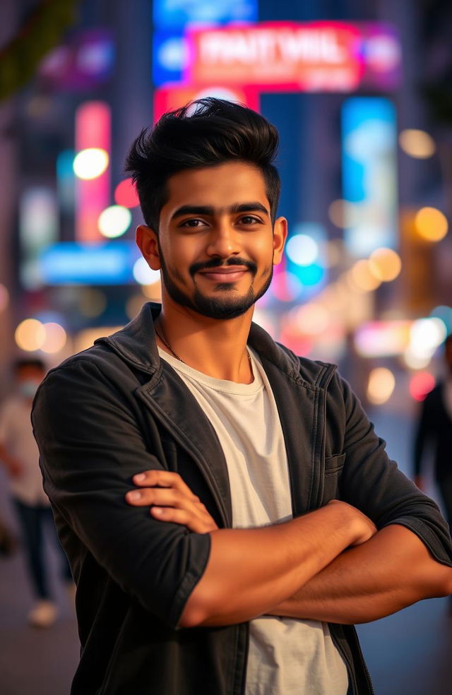 A stylish portrait of Aryan Raj Mahto, a young man with a confident expression, dressed in a trendy outfit