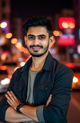 A stylish portrait of Aryan Raj Mahto, a young man with a confident expression, dressed in a trendy outfit