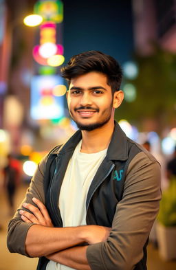 A stylish portrait of Aryan Raj Mahto, a young man with a confident expression, dressed in a trendy outfit