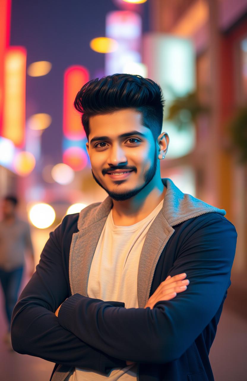 A stylish portrait of Aryan Raj Mahto, a young man with a confident expression, dressed in a trendy outfit