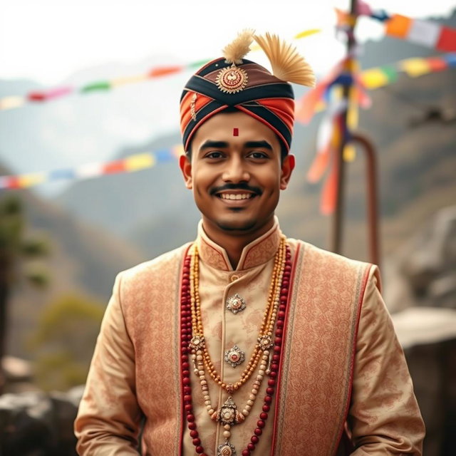 A traditional Nepali bridegroom dressed in a beautifully embroidered Daura Suruwal, adorned with exquisite ethnic jewelry