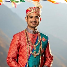 A traditional Nepali bridegroom dressed in a beautifully embroidered Daura Suruwal, adorned with exquisite ethnic jewelry