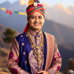 A traditional Nepali bridegroom dressed in a beautifully embroidered Daura Suruwal, adorned with exquisite ethnic jewelry