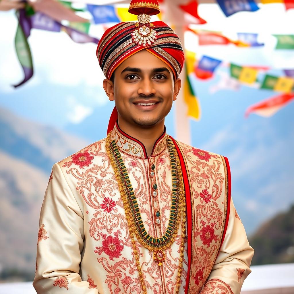 A traditional Nepali bridegroom dressed in a beautifully embroidered Daura Suruwal, adorned with exquisite ethnic jewelry